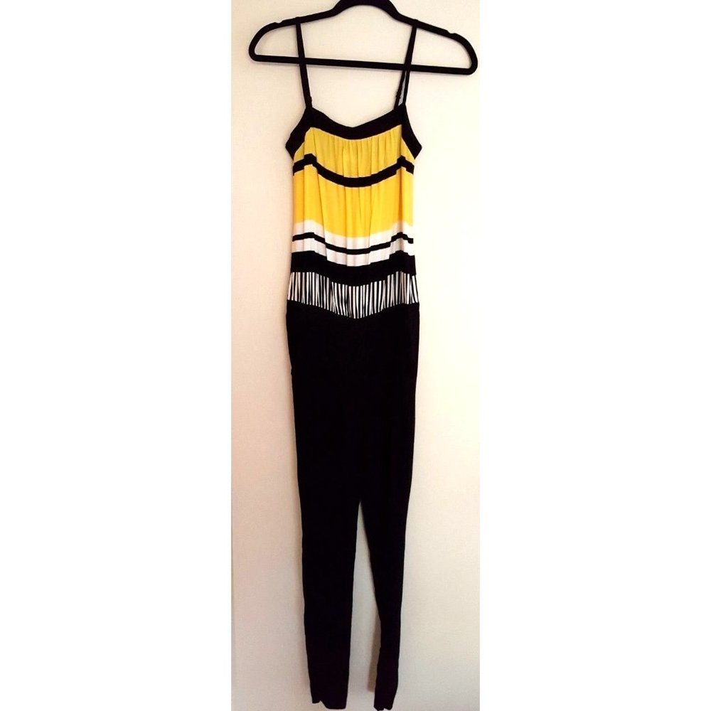 Promod  vintage black yellow white stripes jumpsuit jumper romper
